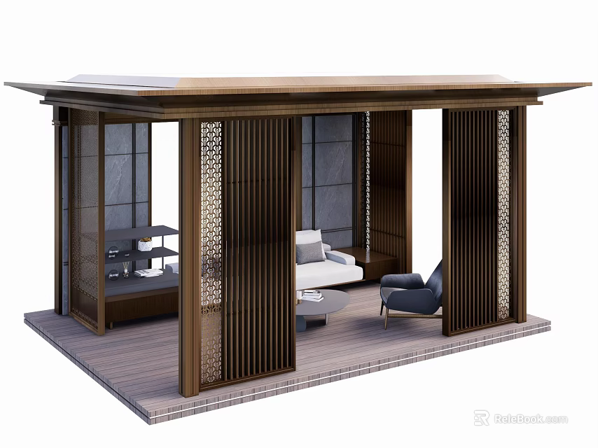 Modern Outdoor Pavilion With Wooden Lattice Screens Glass Doors And Sofa Seating 3d model 