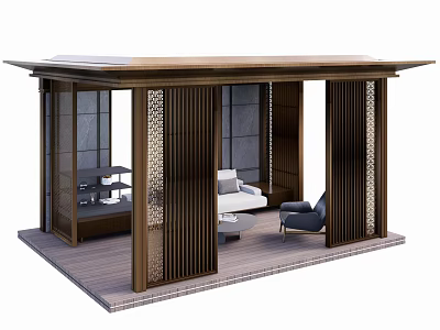 Modern Outdoor Pavilion With Wooden Lattice Screens Glass Doors And Sofa Seating 3d model