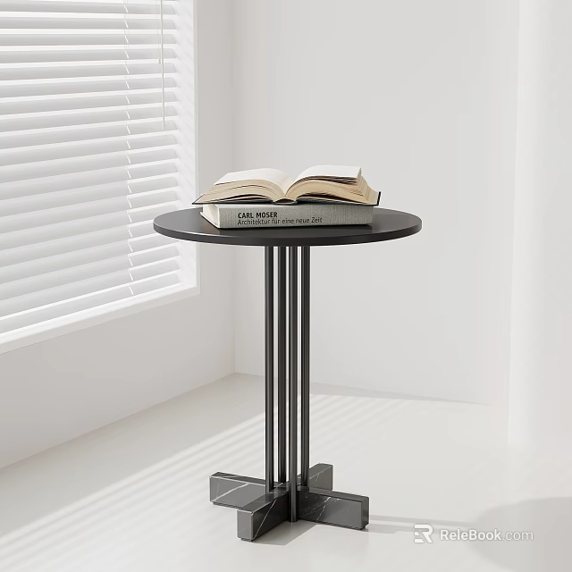 Modern Black Round Side Table with Three Legs and Open Book by Window Blinds 3d model