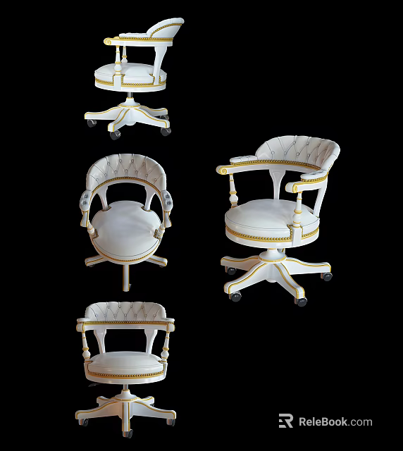 Elegant White Office Chair With Padded Seat Armrests Swivel Wheels And Gold Accents 3d model 