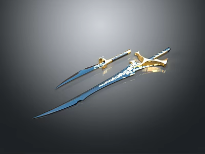 Two Decorative Swords Long And Short With Blue Blades And Golden Hilts 3d model