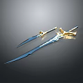Two Decorative Swords Long And Short With Blue Blades And Golden Hilts