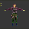 Man Standing In Camouflage Uniform With Hooded Green Vest Brown Pants Arms Outstretched Gray Background