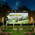 Outdoor Night Stage With Starry Sky Trees Grass Large Screen Camping Games And Tables