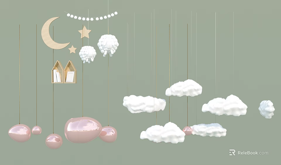 Cute Chandelier With Moon Stars Clouds Small House And Pink Spheres For Kids Room 3d model 