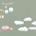 Cute Chandelier With Moon Stars Clouds Small House And Pink Spheres For Kids Room