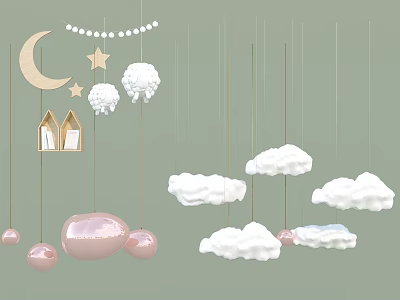 Cute Chandelier With Moon Stars Clouds Small House And Pink Spheres For Kids Room 3d model