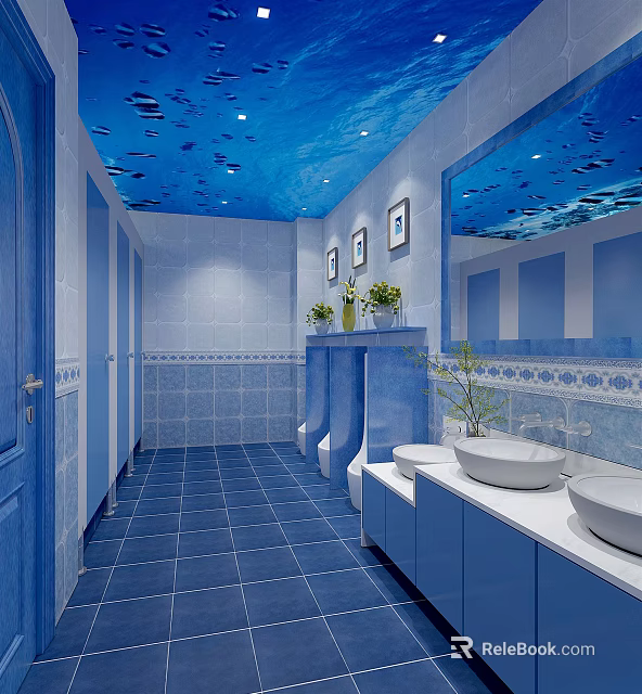 Blue Public Restroom With Fish Pattern Ceiling Mirrors Sinks And Potted Plants 3d model