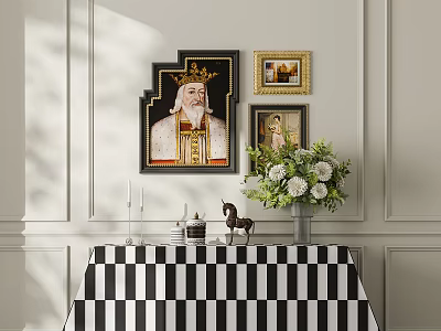 Elegant Entryway Console Table With Side Cabinet Framed Artworks Floral Arrangement And Checkered Cloth 3d model