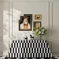 Elegant Entryway Console Table With Side Cabinet Framed Artworks Floral Arrangement And Checkered Cloth