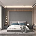 Modern Bedroom Interior Design With Grey Upholstered Headboard Wooden Walls And Table Lamps
