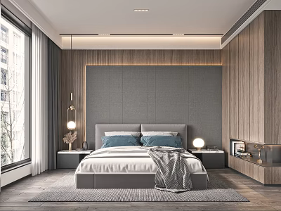 Modern Bedroom Interior Design With Grey Upholstered Headboard Wooden Walls And Table Lamps 3d model