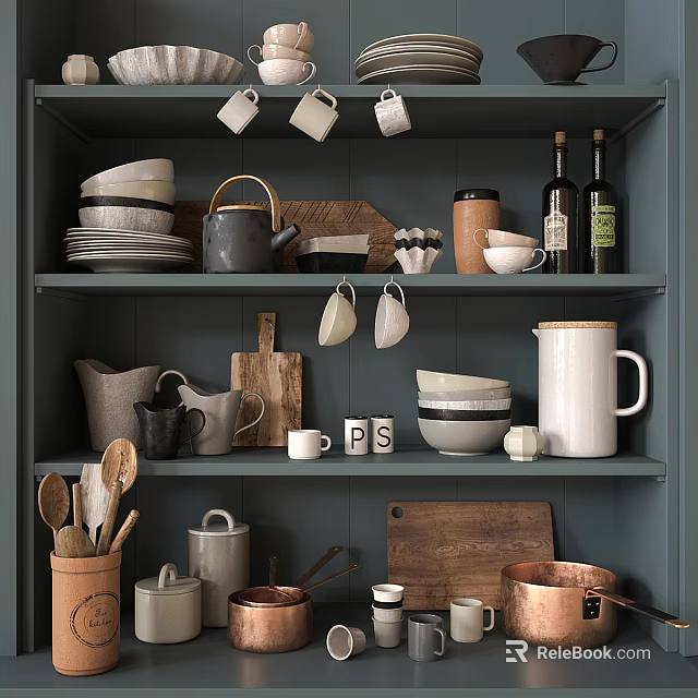 Kitchen Tableware Set with Mugs Plates Bowls Teapot Cutting Board Copper Pots on Grey Shelves 3d model 