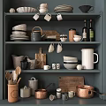 Kitchen Tableware Set with Mugs Plates Bowls Teapot Cutting Board Copper Pots on Grey Shelves