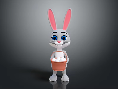 Cartoon Rabbit With Long Ears Blue Eyes Holding Basket Filled With Eggs On Gray Background 3d model