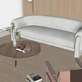 Curved White Sofa and Round Wooden Coffee Table Set with Wooden Wall and Floor Lamp