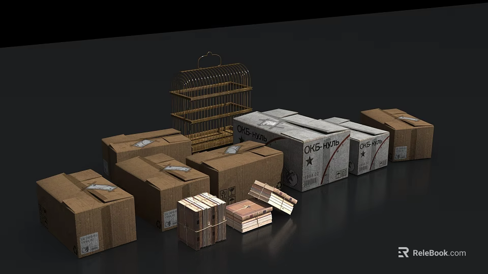 Stacked Cardboard Boxes With Metal Birdcage And Wooden Crates On Dark Surface 3d model 