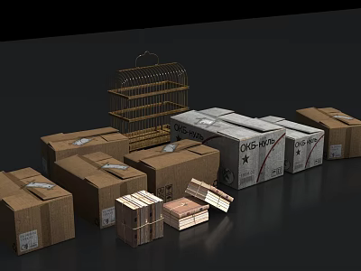 Stacked Cardboard Boxes With Metal Birdcage And Wooden Crates On Dark Surface 3d model