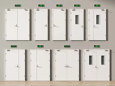 Modern White Double Doors with Glass Panels Handles and Green Exit Signs Collection 3d model