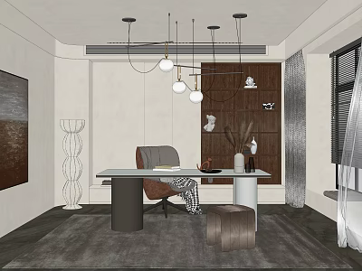 Modern Study Room Interior With Spacious Desk Comfortable Chair Pendant Lights And Bookshelf 3d model