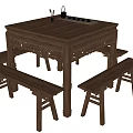 Traditional Chinese Wooden Dining Table Set With Intricate Carvings And Benches