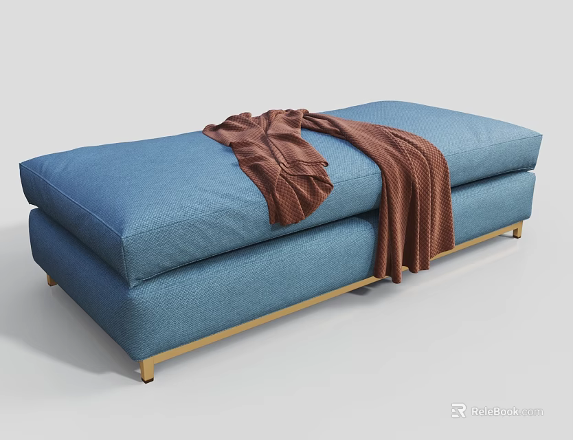 Modern Blue Upholstered Ottoman With Brown Throw Blanket And Gold Metal Legs 3d model 