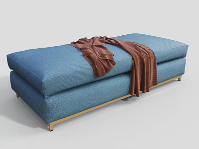 Modern Blue Upholstered Ottoman With Brown Throw Blanket And Gold Metal Legs 3d model