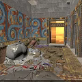 Ancient Egyptian Interior With Colorful Mural Walls Scattered Debris Clay Pots Baskets And Sunlight