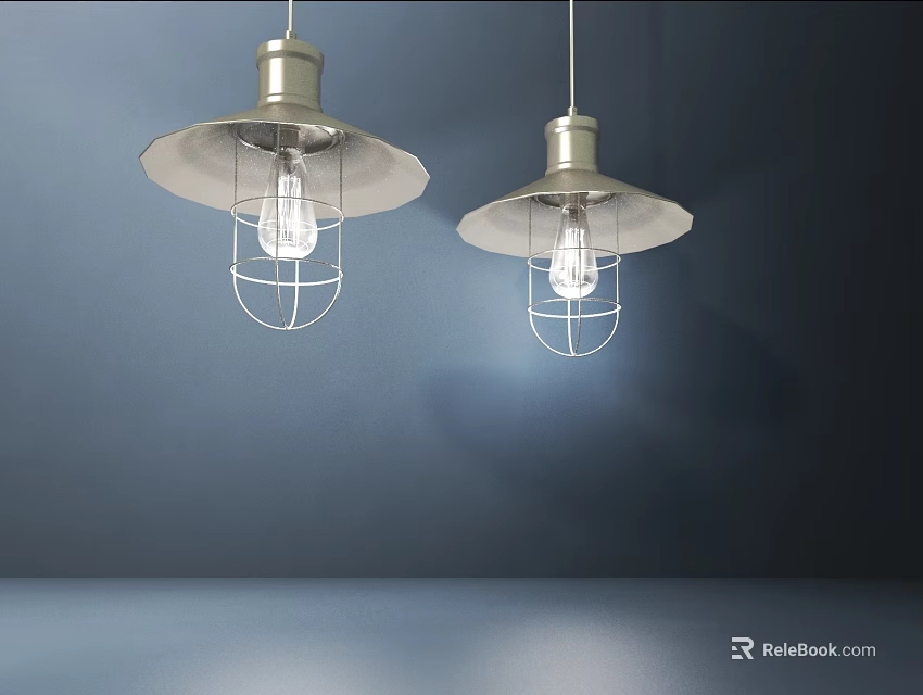 Two Stylish Metallic Pendant Lights With Wire Cages And Bulbs On Deep Blue Wall 3d model 