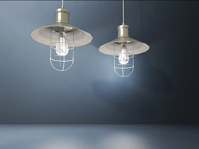 Two Stylish Metallic Pendant Lights With Wire Cages And Bulbs On Deep Blue Wall 3d model