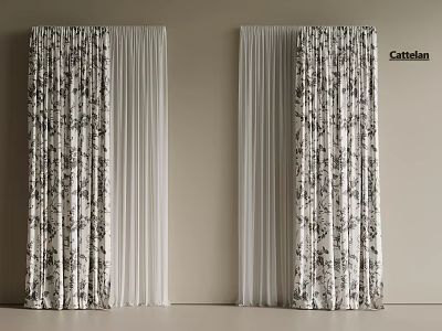 Stylish Floral Patterned Curtains With Sheer White Panels And Velvet Texture For Interior Windows 3d model