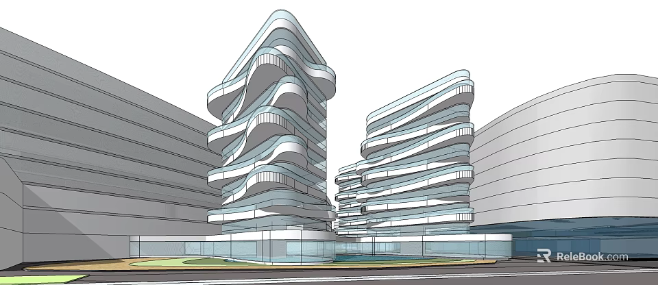 Modern Office Building Architecture With Unique Wavy Structure And Glass Facade 3d model 