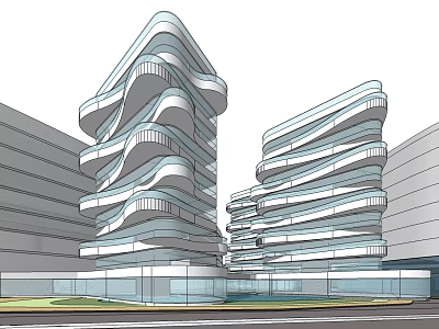 Modern Office Building Architecture With Unique Wavy Structure And Glass Facade 3d model