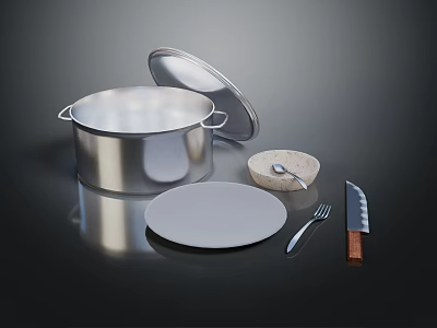 Essential Kitchen Living Supplies Including Stainless Steel Pot Plate Small Bowl Knife Fork And Spoon 3d model