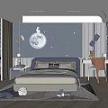 Kids Room Interior With Blue Wall Moon Stars Decor Bed Desk And Toys
