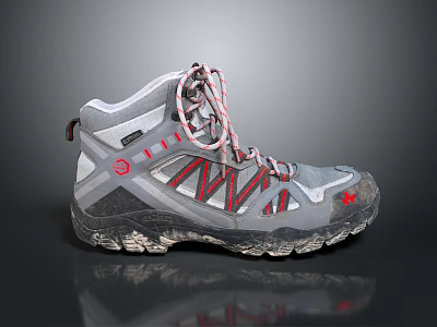 Gray Mid Top Hiking Boots With Red Stripes And Non Slip Sole For Outdoor Trekking 3d model