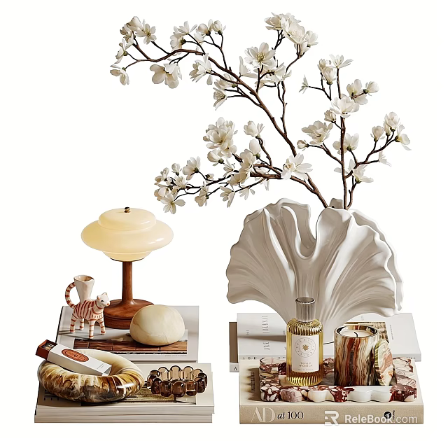 Stylish Ornament Set With White Blossom Branches Shell Vase Lamp And Fragrance Bottle 3d model 