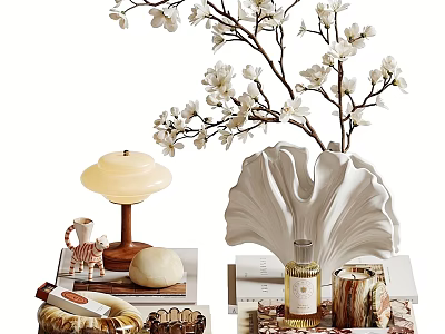 Stylish Ornament Set With White Blossom Branches Shell Vase Lamp And Fragrance Bottle 3d model