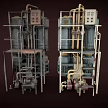 Industrial Machinery Units With Metal Frames Pipes Control Panels And Multi Level Design