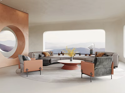 Sales Office Interior With Copper Wall Circular Window Mountain View Curved Sofa Orange Armchairs 3d model