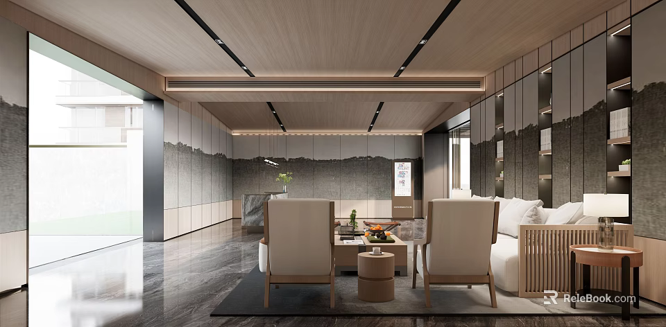 Elegant Front Desk Reception Area With Wooden Ceiling Landscape Decor And Marble Floor 3d model 