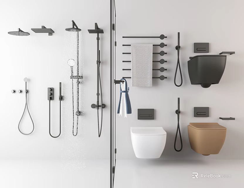 Modern Bathroom Suite Design With Shower Heads Towel Rails Toilets And Faucets 3d model 