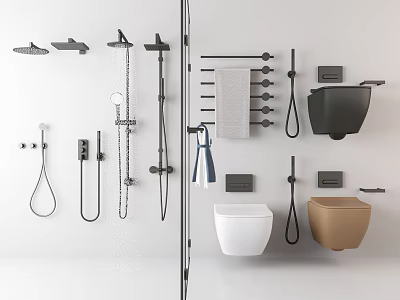 Modern Bathroom Suite Design With Shower Heads Towel Rails Toilets And Faucets 3d model
