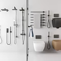 Modern Bathroom Suite Design With Shower Heads Towel Rails Toilets And Faucets