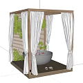Elegant White Bathtub in Wooden Frame with White Curtains Green Plants and Wooden Floor