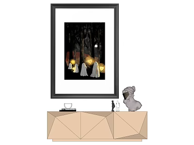 Black Framed Artwork With White Figures Yellow Lanterns On Geometric Cabinet Gray Dog Figurine 3d model