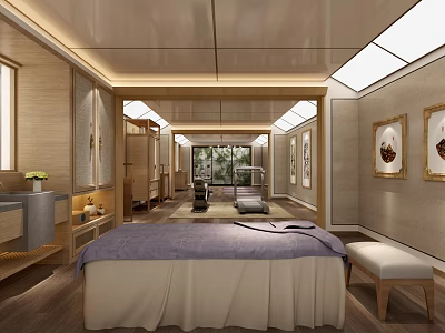 Fitness Wellness Space With Wooden Decor Massage Bed Natural Light And Artwork 3d model