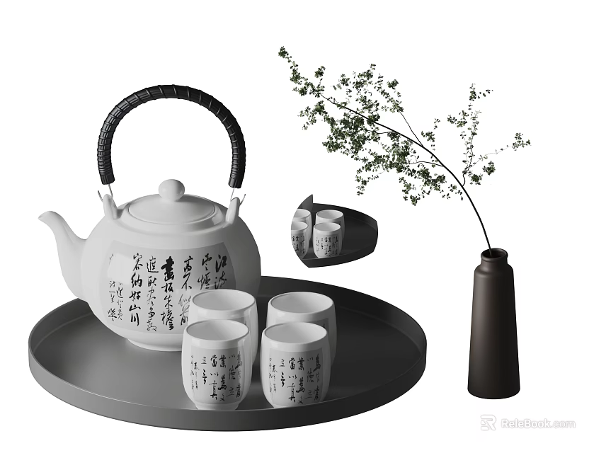 White Tea Set with Calligraphy Teapot Teacups on Tray and Black Vase with Green Branches 3d model 