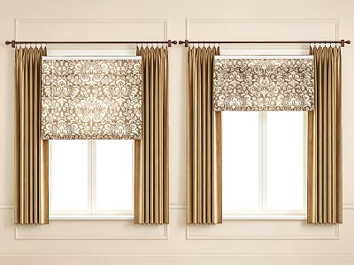 Patterned Roman Blinds With Golden Curtains For Window In Elegant Interior 3d model