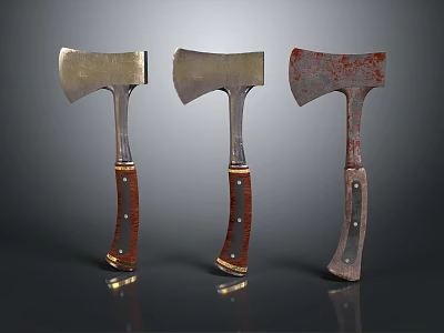 Vintage And Modern Axes With Metal Heads And Wooden Leather Wrapped Handles 3d model